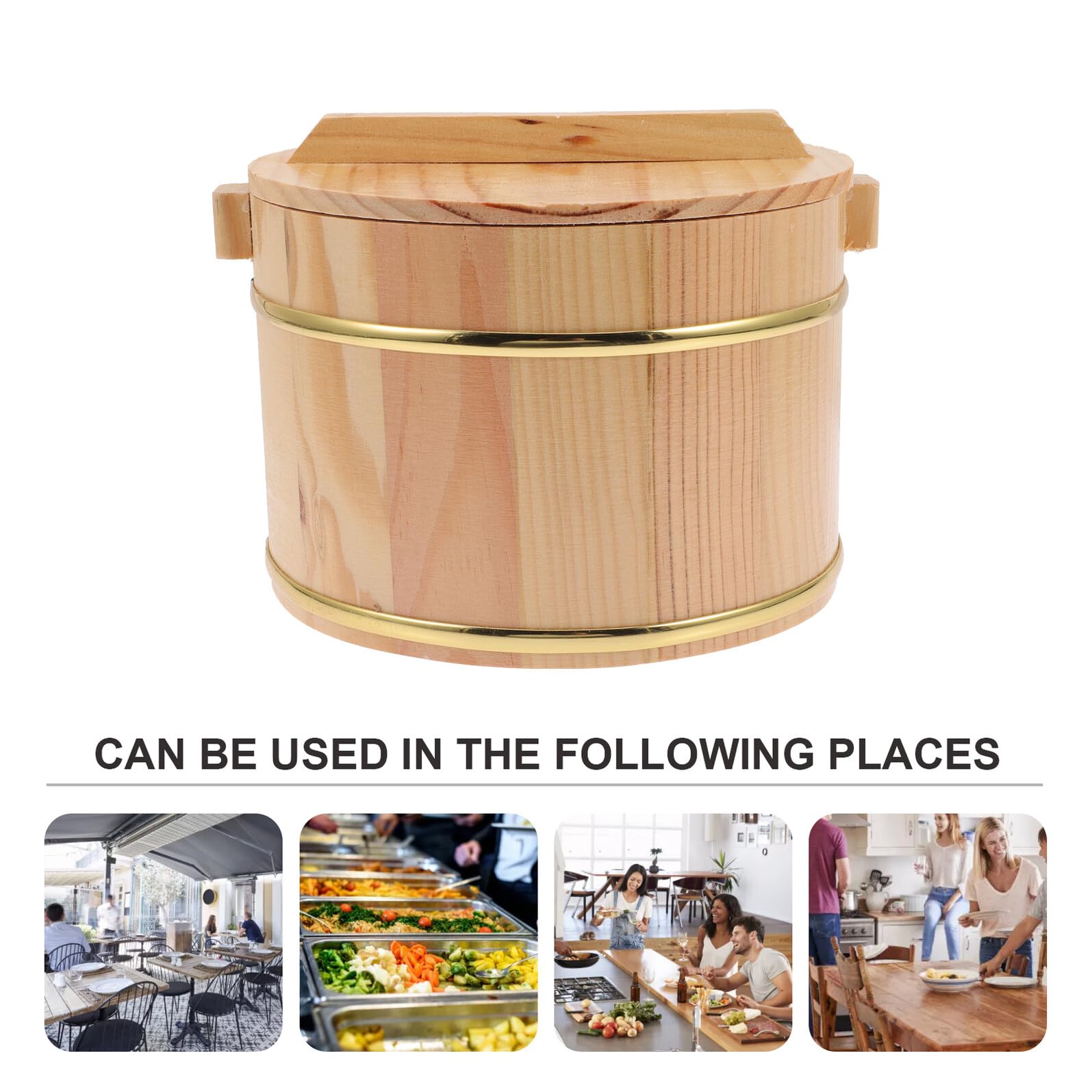 Cabilock Cubo de Arroz Material Madera y Acero Inoxidable con Tapa y Asa de Madera Varios estilos Contenedor para Almacenar Arroz y Servir Alimentos Adecuado para Fiesta