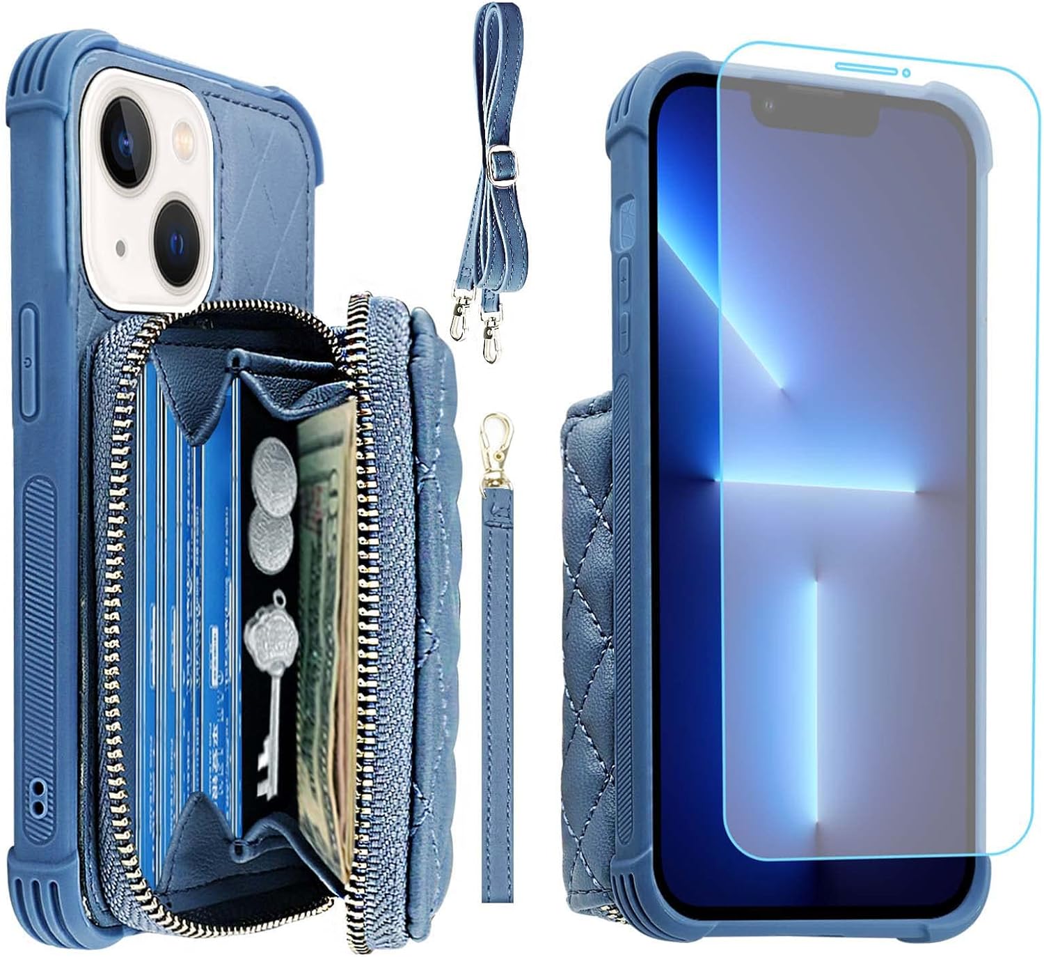 MONASAY Zipper Wallet Case Fit for iPhone 13,[Glass Screen Protector ][RFID Blocking] Flip Leather Handbag Phone Cover with Card Holder and Detachable Crossbody Shoulder Lanyard Strap,Light Blue