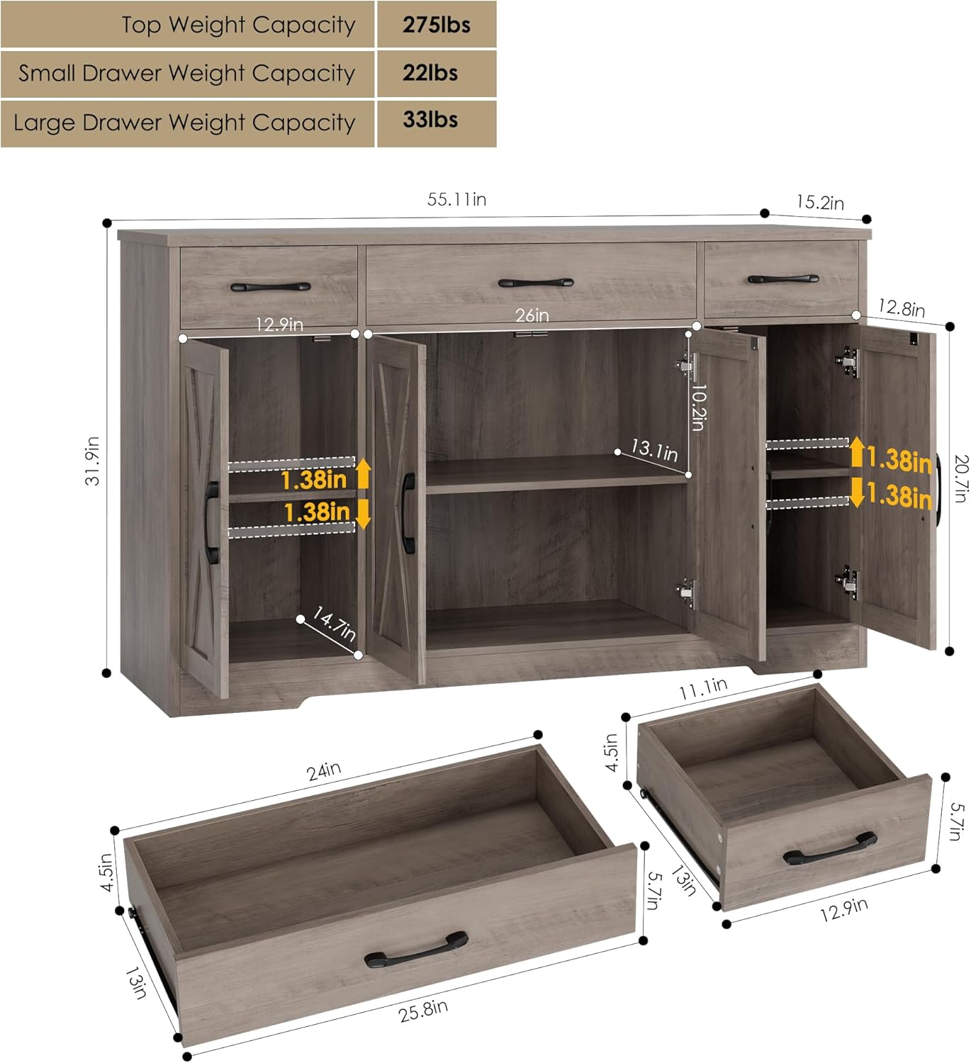 Dimensions of the HOSTACK Buffet Sideboard Cabinet