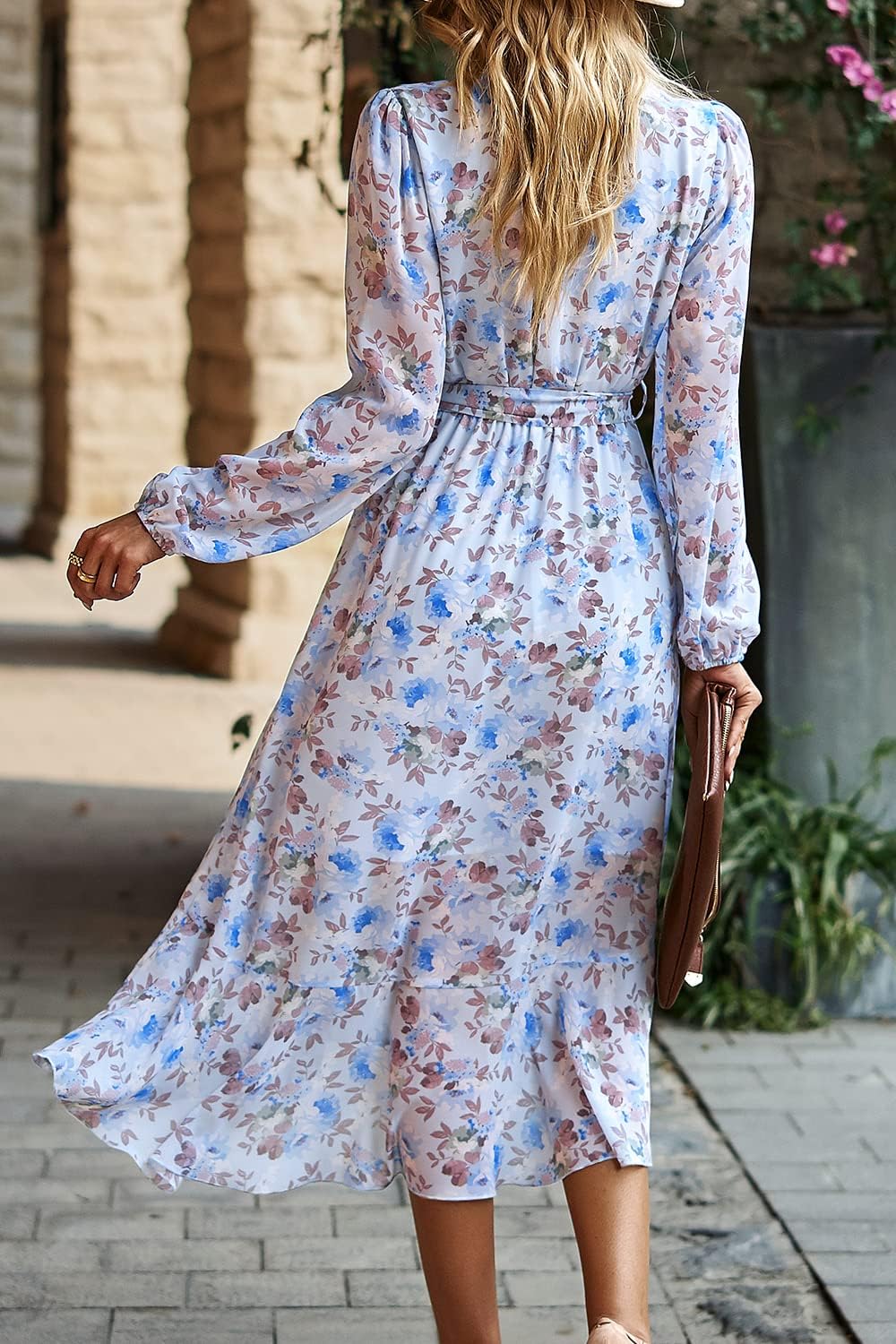 PRETTYGARDEN Women's Floral Boho Dress Fall Long Sleeve Wrap V Neck Ruffle Flowy Maxi Spring Wedding Guest Vacation Dresses - Image 3