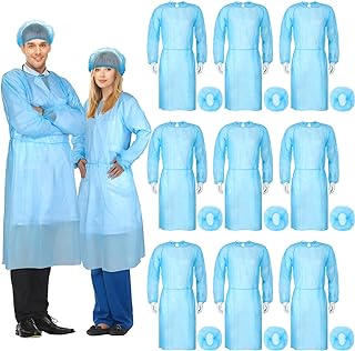 Xuhal 100 Set Disposable Isolation Gowns Set PPE Gowns Disposable and Non Woven Bouffant Caps with Elastic Cuffs for Labs Home Isolation Beauty Agencies Food Service, Unisex Adult (Blue)