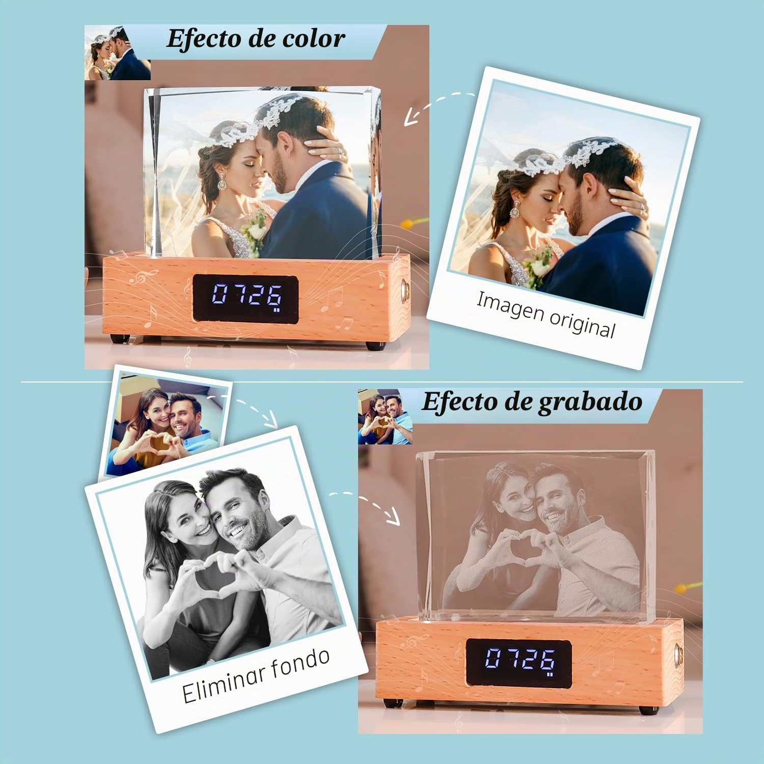 Foto personalizada personalizada, decoración de regalo creativa, caja de música con bluetooth de cristal luminoso con pantalla de reloj para enviar regalos de boda de aniversario a novias y amigos