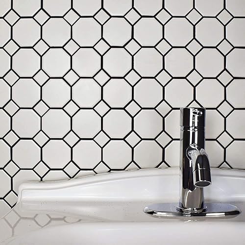 Vista 6 de Tenedos Mosaico de porcelana octágono blanco mate con puntos para piso y pared, baño y cocina (20 hojas/caja) (puntos blancos)