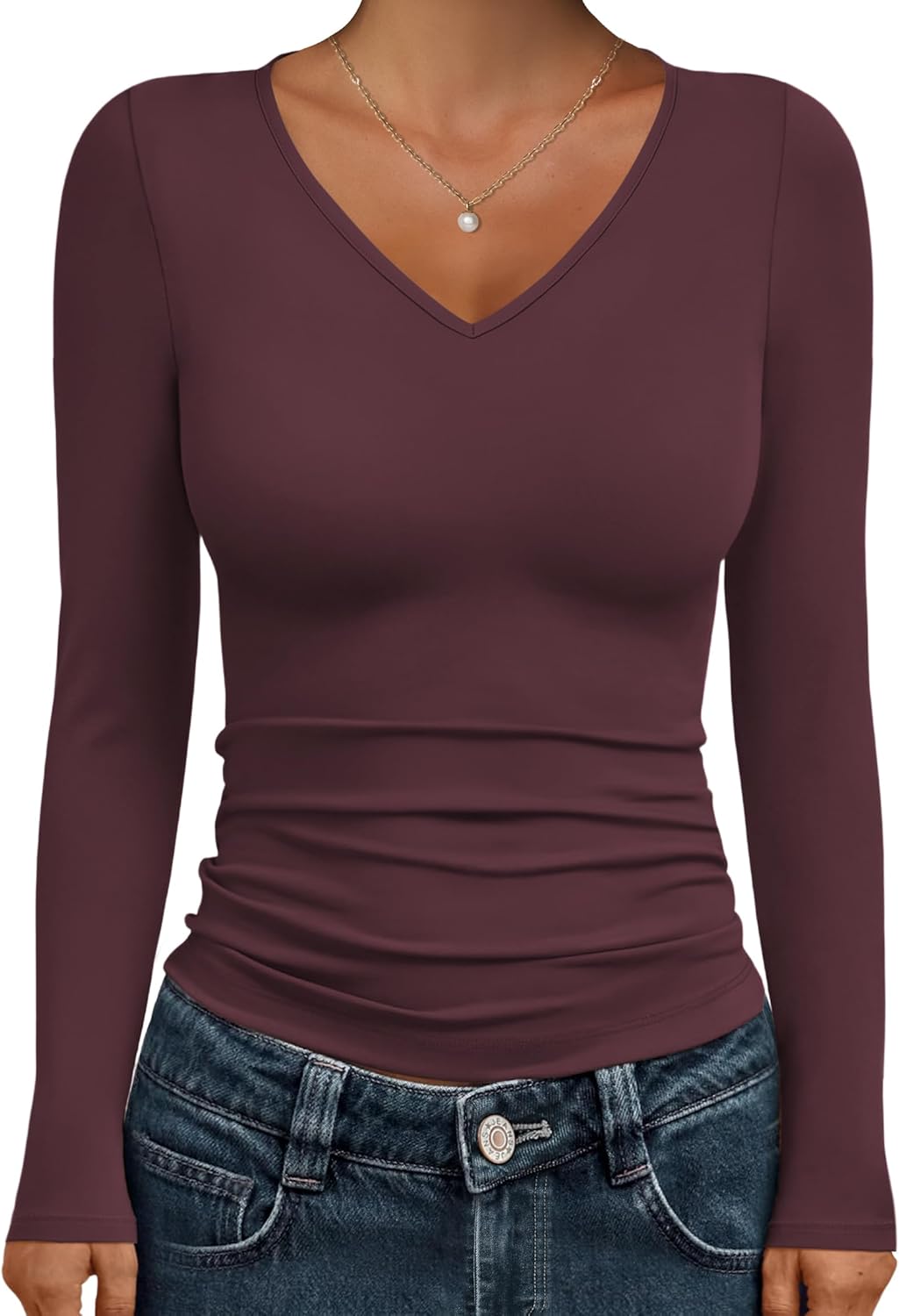 IWD Womens Long Sleeve Shirts V Neck Casual Tops 2026 Fashion Slim Fitted Tops Basic Tee Y2k Outfits