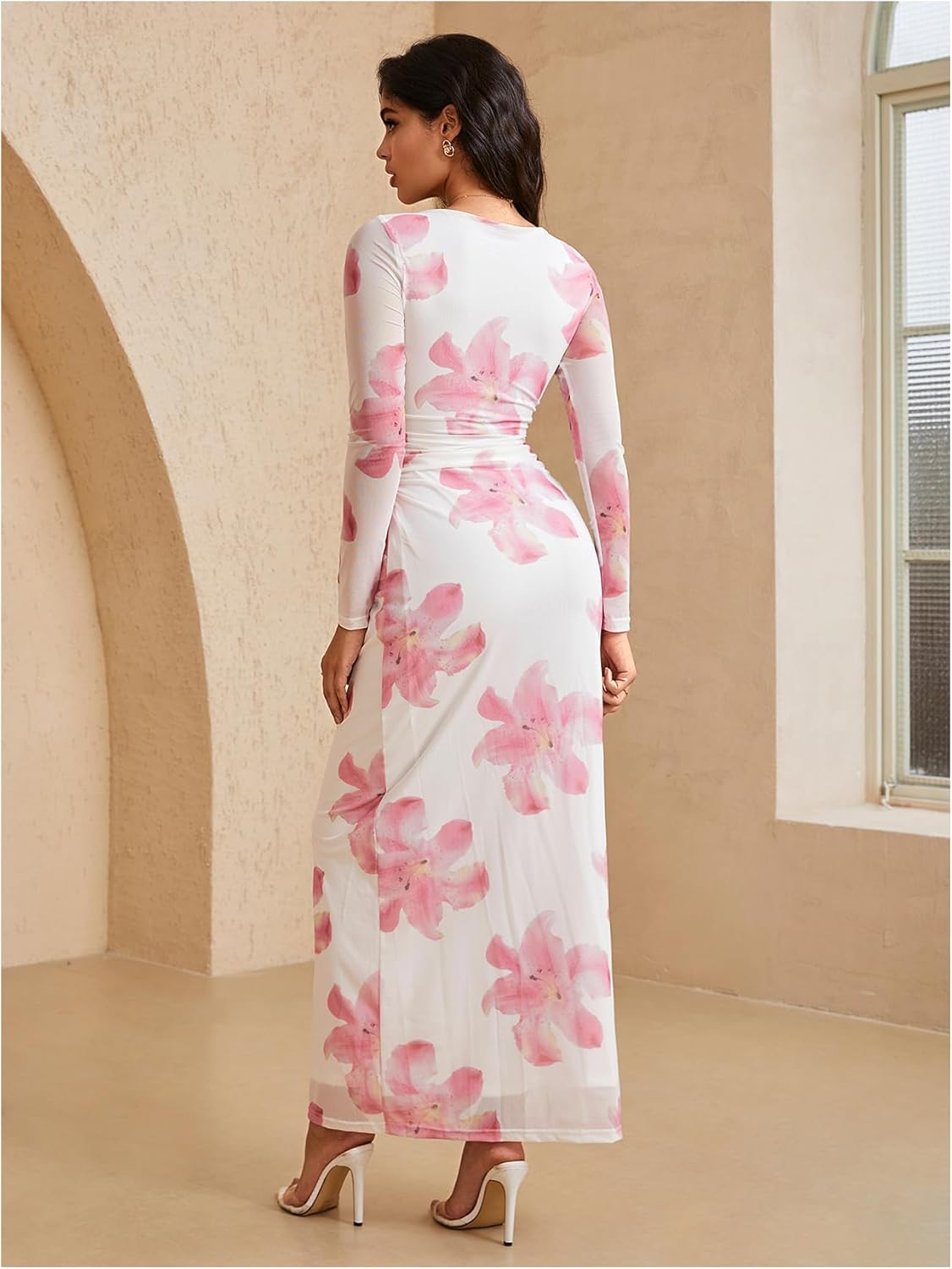 Milumia Women's Floral Print Sheer Dress Crew Neck Long Sleeve Bodycon Maxi Dresses - Image 2