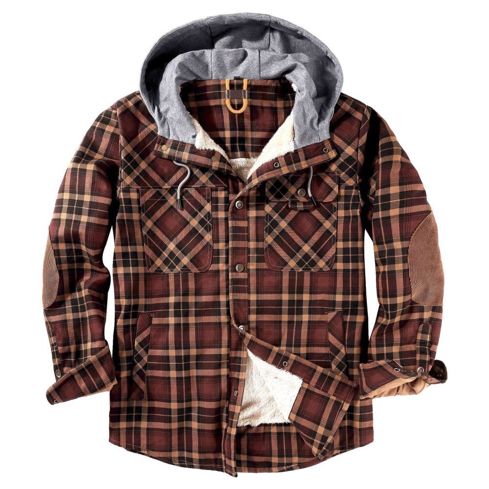HGJH Freizeithemden Für Herren, Herren Langarm Flanellhemd Thermohemd Hoodies Kariertes Kaffeefarbenes Hemd Button-Down Baumwolle Holzfäller Bequem Karierte Hemdjacke Lässiges Arbeitshemd Für Männer