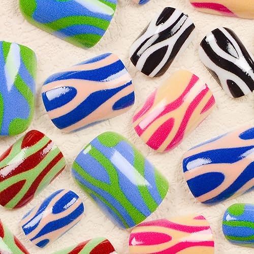 Miniatura 113 de MISUD Uñas postizas cuadradas cortas a presión, con pegamento brillante, uñas postizas de verano, uñas acrílicas coloridas con punta francesa, uñas
