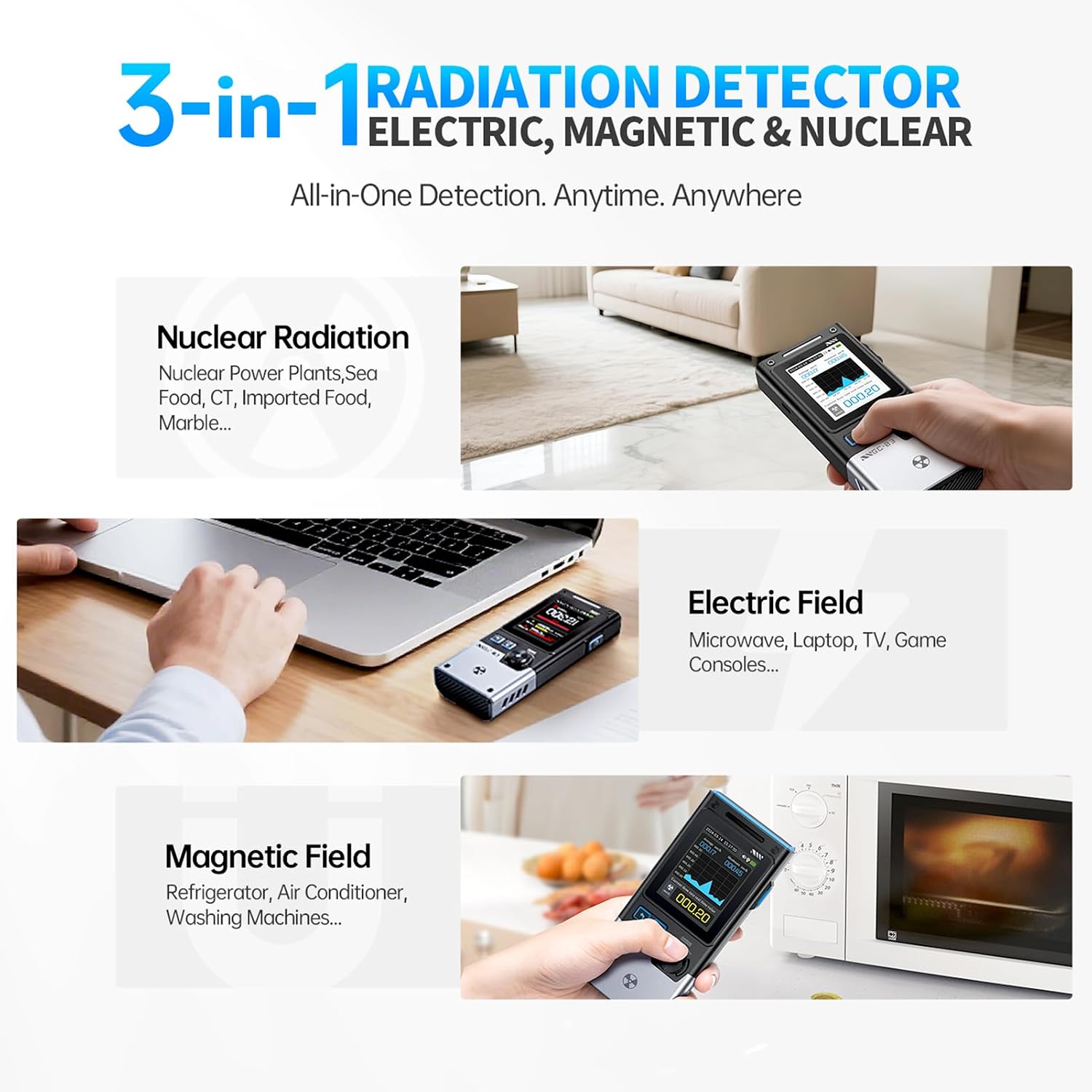 DeWin GC-03 detector used for nuclear, electric, and magnetic field detection in various environments.
