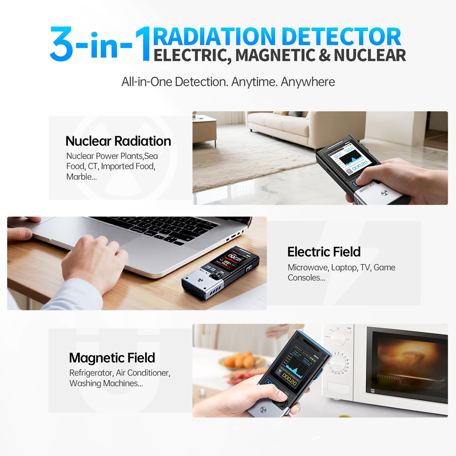 DEWIN GC03 Multifunctional Radiation Detector, 3-in-1 Detektor für Elektrische Felder Magnetische Felder Kernstrahlungsdetektor Schwarz
