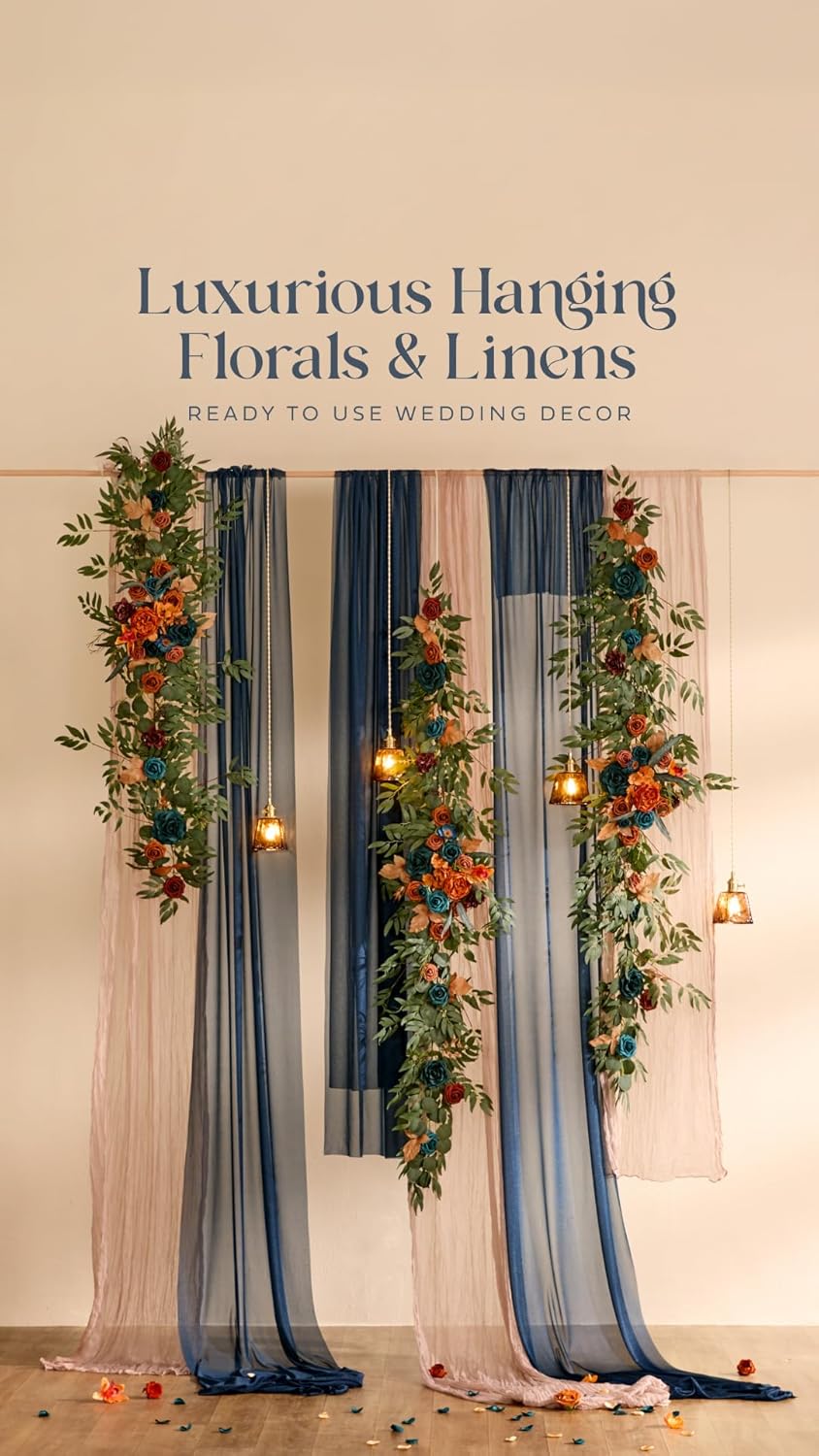 Ling's moment 9FT Flower Garland for Backdrop Decoration - Fall Wedding Arch Flowers, Eucalyptus & Rose, Artificial Floral Garland for Mantle - Sweetheart Table Decor for Ceremony, Teal & Orange