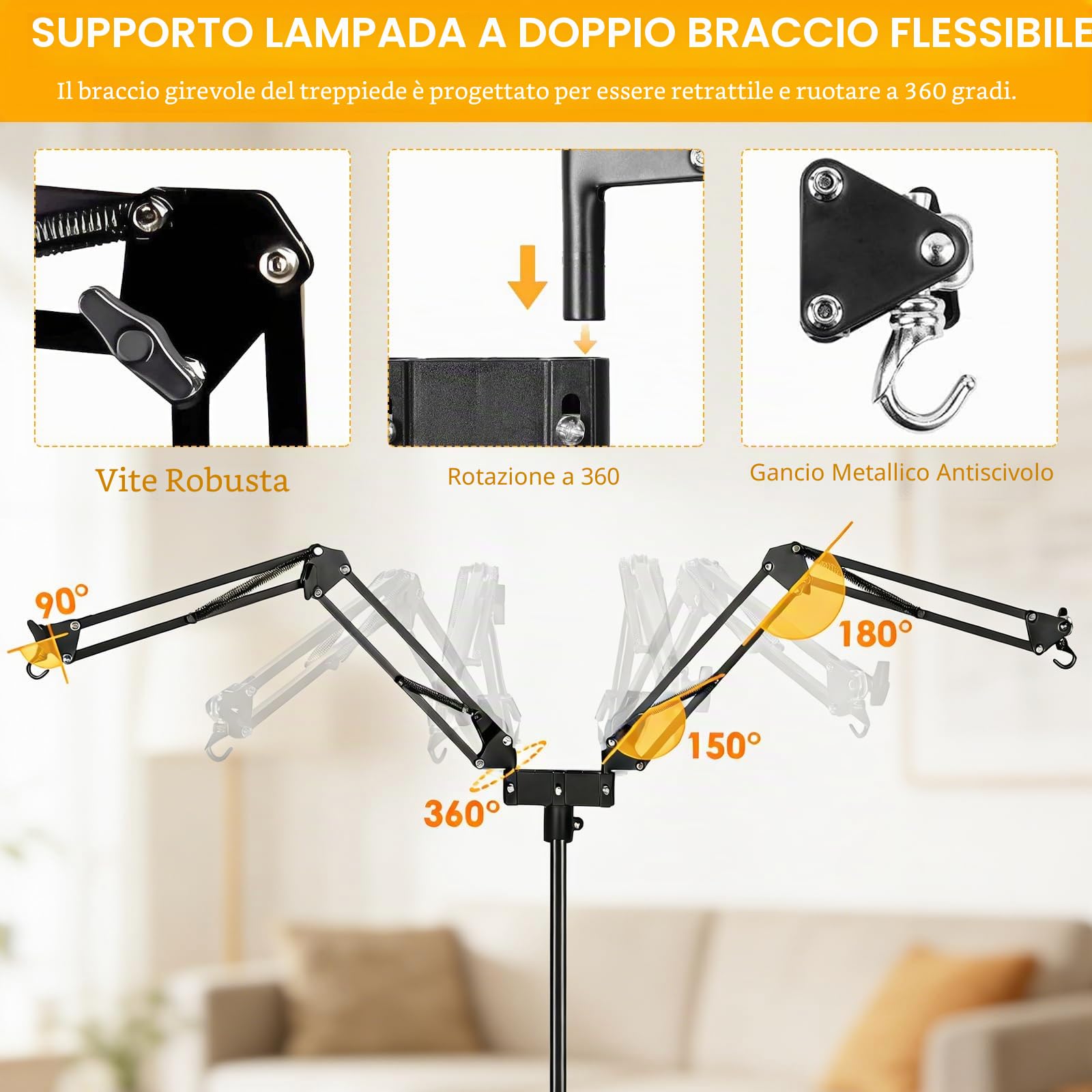 Supporto per Lampada per Rettili Regolabile, Portalampada per Acquario Altezza Regolabile 40-160CM, Rotazione a 360°, Porta Lampada Rettile con 2 Ganci per Tartaruga, Ragni, Terrario