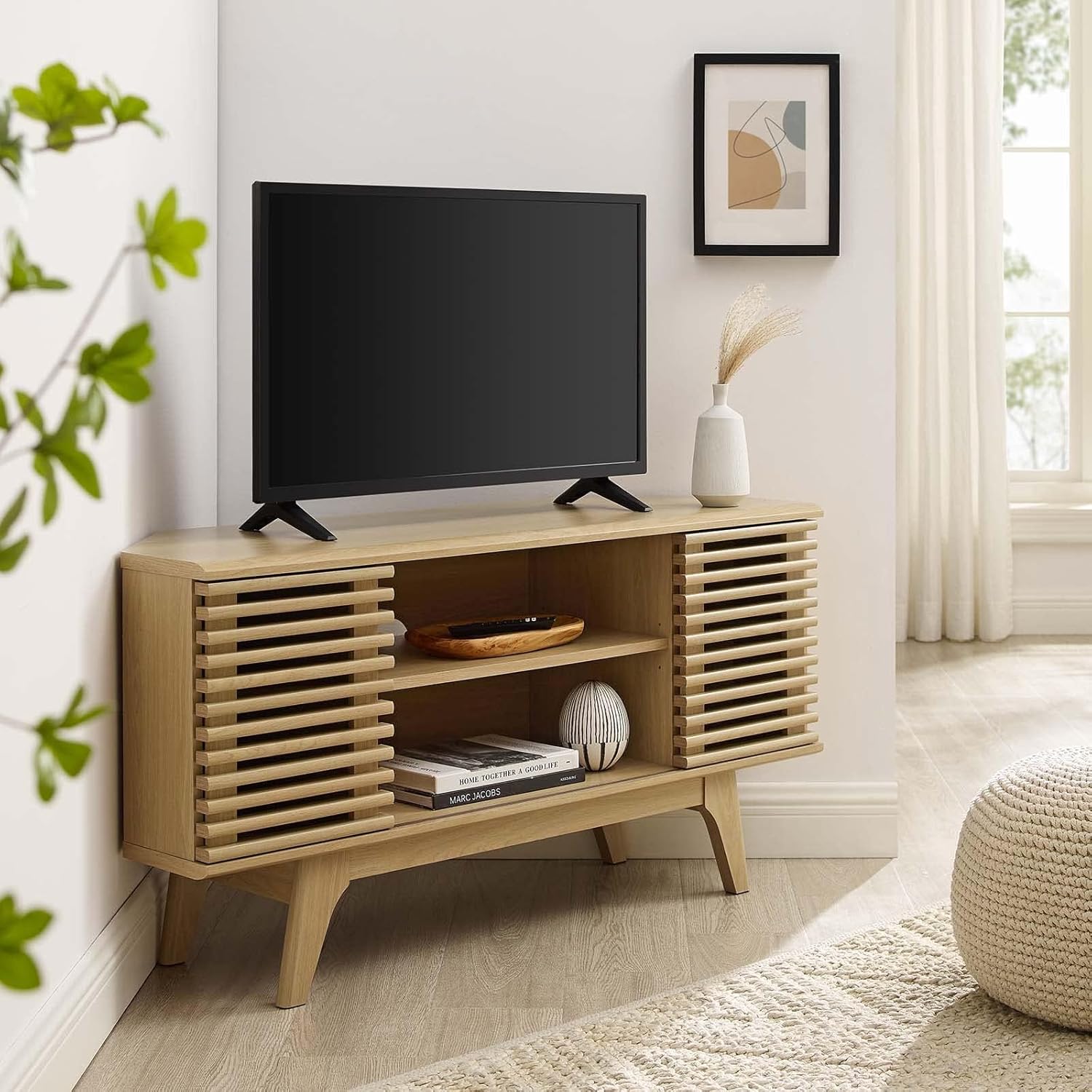 Modway Render Mid-Century Modern Low Profile 46" Corner Media TV Stand in Oak, 15 x 46 x 23