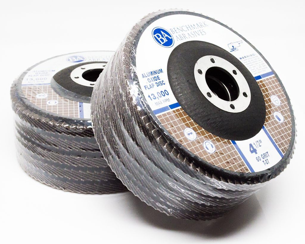 Benchmark Abrasives 4.5" x 7/8" Aluminum Oxide Flap Discs for Sanding, Grinding, Finishing, Stock Removal on Stainless Steel, Carbon Steel Alloys Metals (10 Pack) - 60 Grit