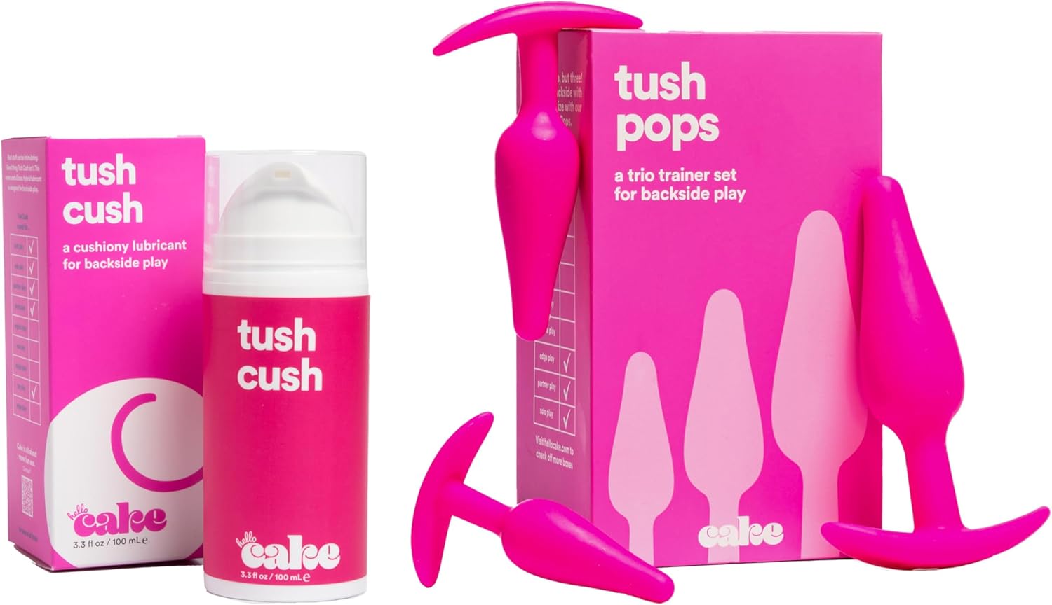 Hello Cake Tush Training Set - Tush Cush Hybrid Personal Lubricant, 3.3 fl oz and Tush Pops Butt Plug Set of 3 Sizes - Anal Toys Plus Silicone and Water-Based Lube for Men, Women, and Couples