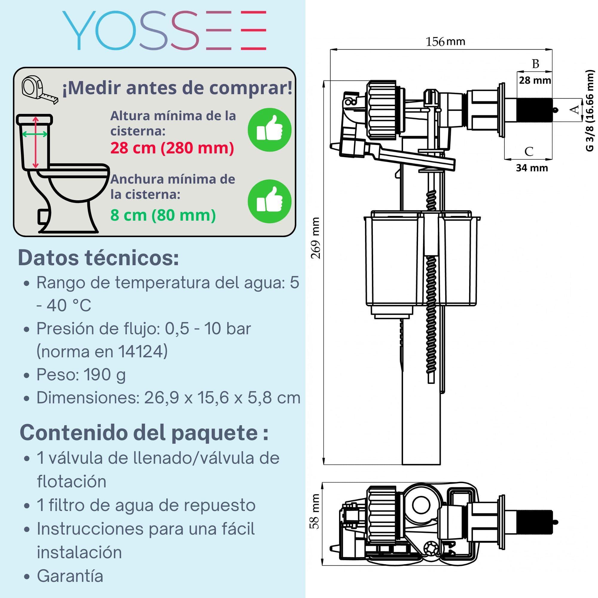 YOSSEE Mecanismo de Alimentación Lateral Universal para Cisterna, Válvula de Llenado con Rosca Metálica, Boya y Flotador WC