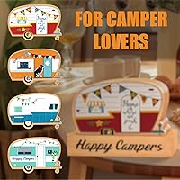 Vista 6 de Juego de posavasos de camping Haigoo, juego de 4 posavasos de bambú Happy Camper con soporte, regalos de camping para amantes de la caravana