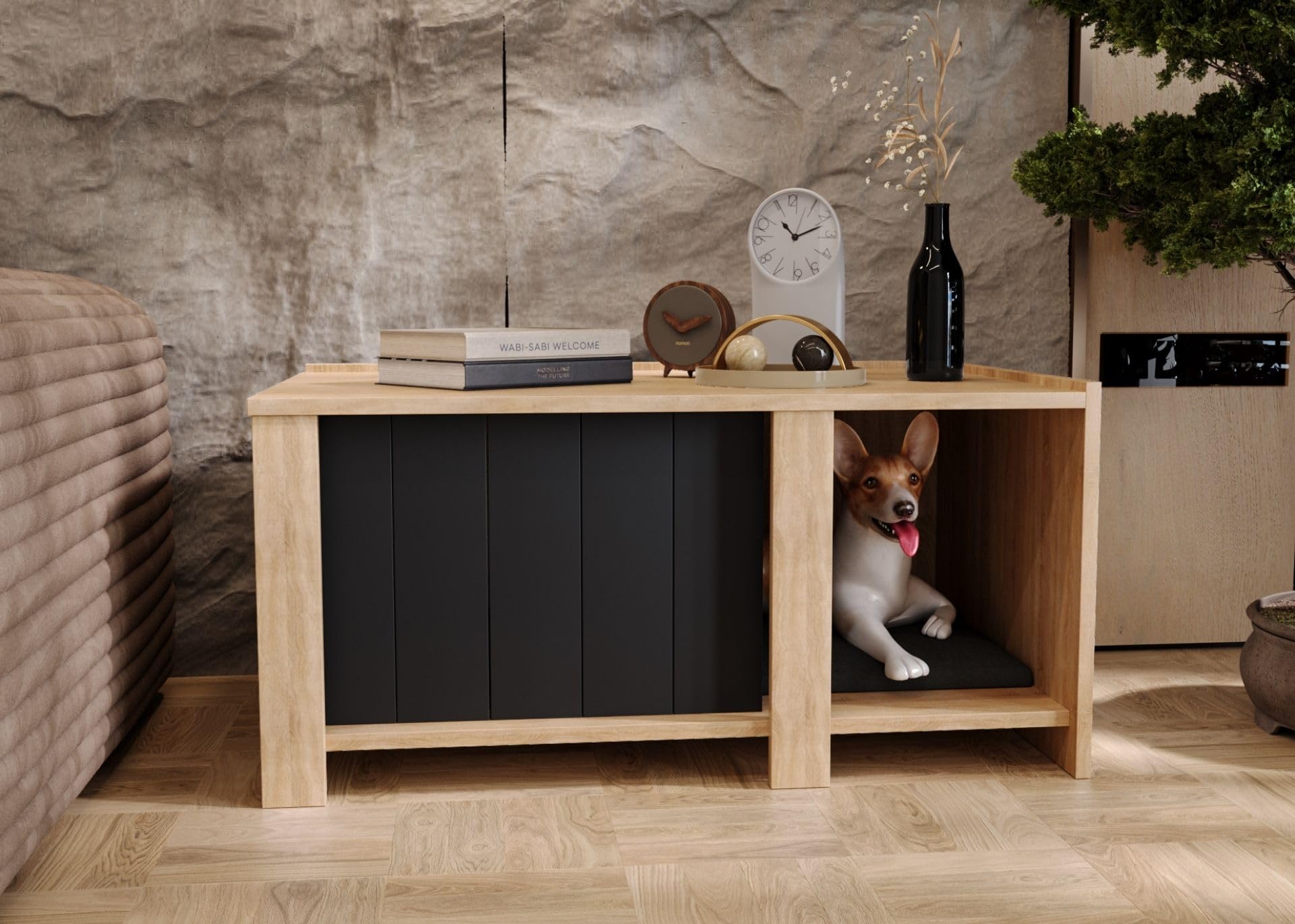 CraftPAK Hundehütte Indoor aus Holzwerkstoff – Hundehaus/Katzenhaus/Hundehütte für daheim im Möbelstil | großräumige Hundehöhle |Dog House Indoor Haustierhaus H45 x L92 x B58 cm - Beige