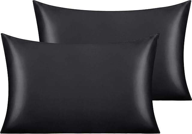NTBAY 2 Pack Silk Satin Pillowcases for Hair and Skin, Luxurious and Silky Standard Pillow Cases with Envelope Closure, 50x75 cm, Black