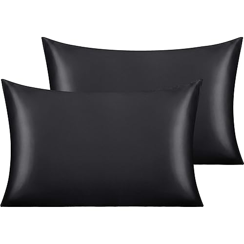 NTBAY 2 Pack Satin Standard Pillowcases for Hair and Skin, Luxurious and Silky Pillow Cases with Envelope Closure, 20x26 Inches, Black