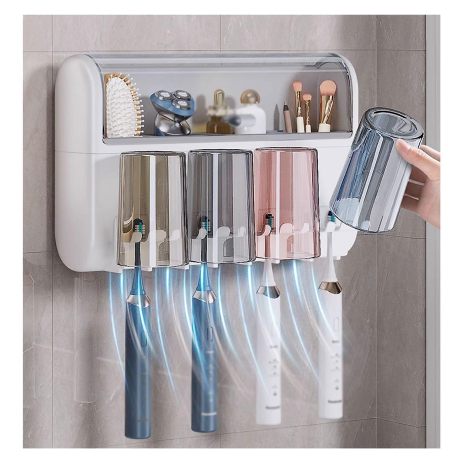 Estante para Cepillos de Dientes Portaspazzolino a Parete Portaoggetti for Cosmetici da Bagno con Coperchio Porta dentifricio Senza Perforazione(S24cm)