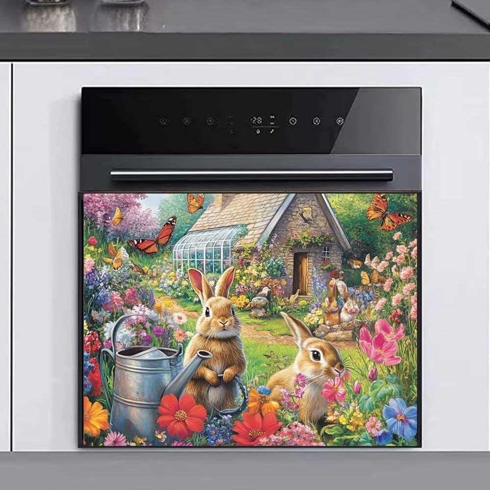Spring Easter Bunny Magnet Dishwasher Front Door Cover Kitchen Full Stickers, Spring Colorful Flowers Magnetic Dishwasher Panel Decal, Butterflies Home Decal for Dish Washer 23"x17" Magnet