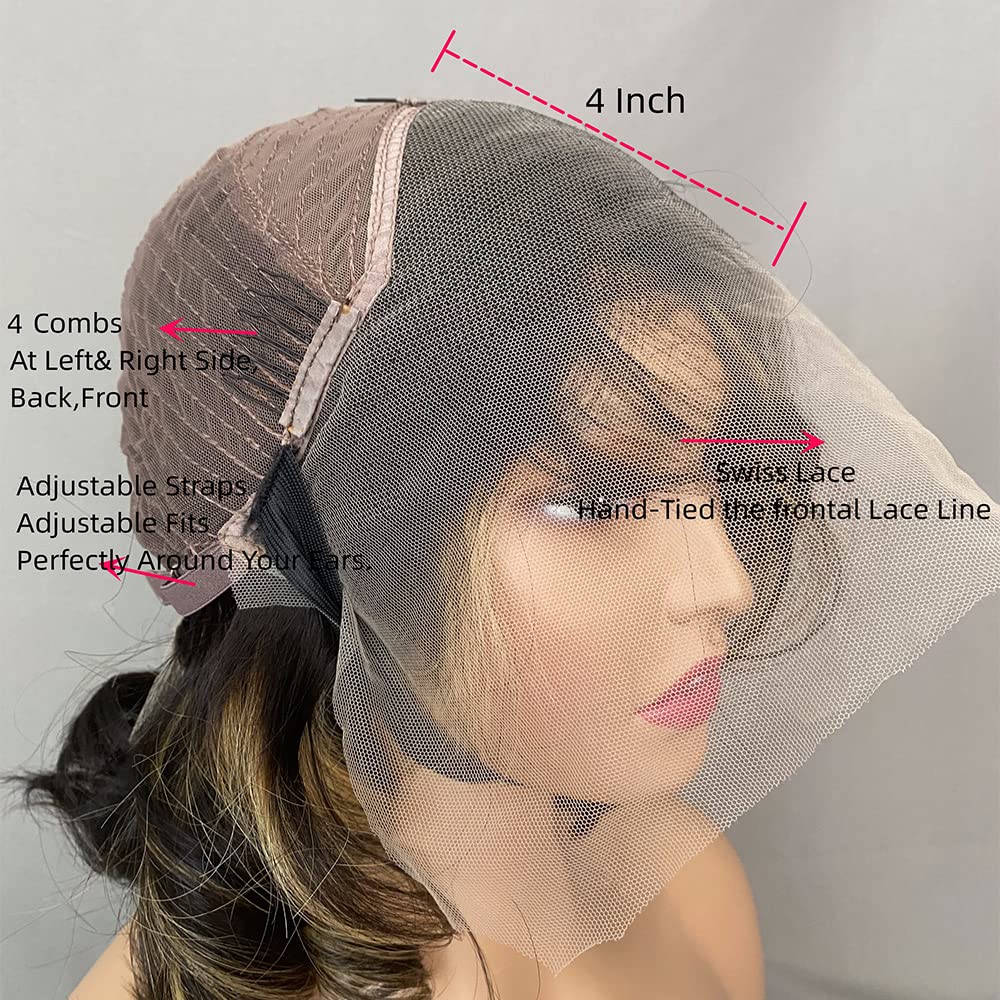 Glueless Short Bob Highlight Wig 13x4 Transparent Lace Front Wigs Natural Wave Human Hair Wig with Blonde Highlight Wigs 12 Inches