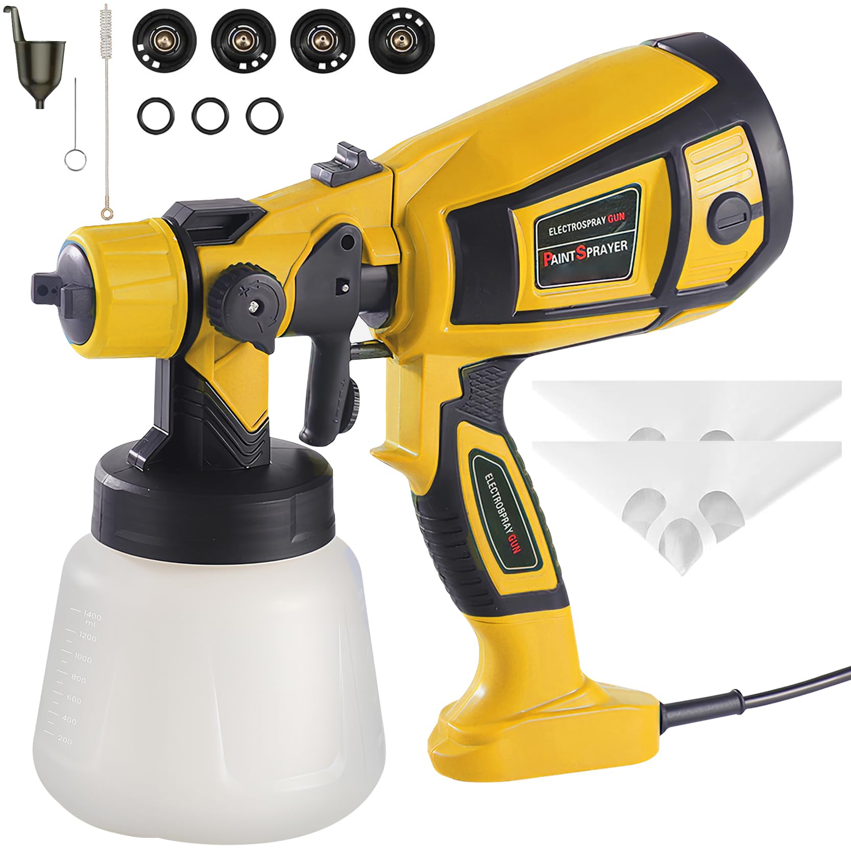 ANTREATU Paint Sprayer for Fences and Sheds, 1400ml Fence Paint Sprayer with 4 Nozzles & 3 Patterns, 850W Paint Spray Gun for Walls and Ceilings (Yellow)