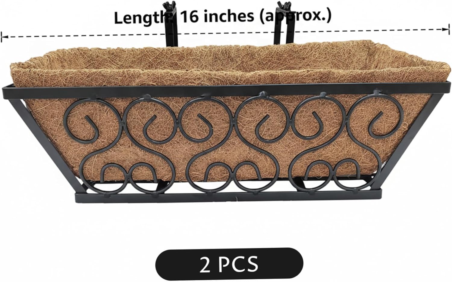 2 Pack Railing Planter Box, 16 Inch Hanging Planter with Adjustable Brackets & Coconut Liner for Balcony, Deck, Porch GardeningRailing PlanterBalcony PlanterDeck Rail
