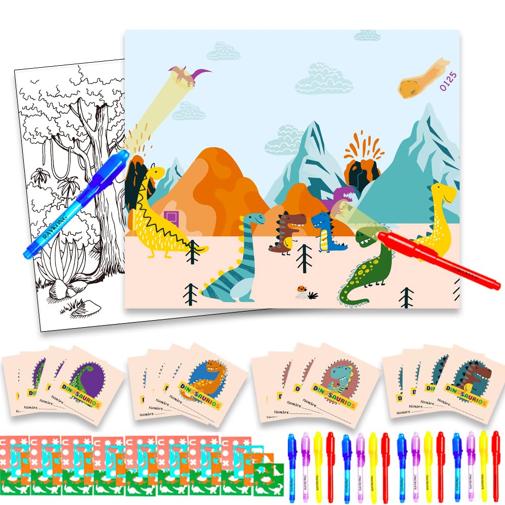 Boligrafos tintas Invisibles y libretas pequeñas Pack de 16 Bolsas en Temas de dinasaruios, Pack de Regalo de Fiesta de cumpleaños para niños y niñas Colegio