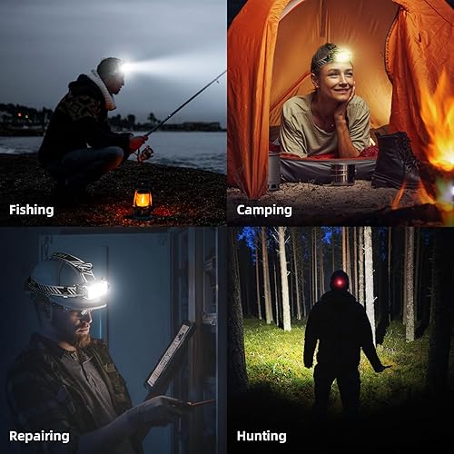 Miniatura 6 de Linterna frontal recargable, 8 LED, linterna giratoria de doble cara de 360, luz de cabeza impermeable súper brillante para camping, senderismo,