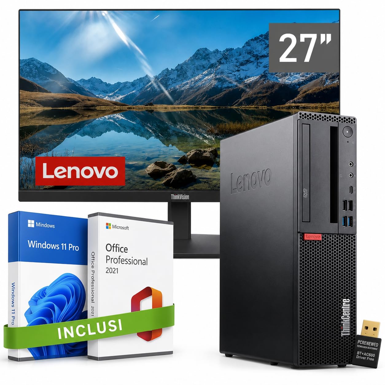 PC entièrement fixe Lenovo SFF i5-9500 16 Go de RAM SSD 512 Go +moniteur Full HD 27 pouces NOUVEAU | Windows 11 Pro + Office 2021 | WiFi | Ordinateur de bureau à domicile prêt à l'emploi (PC+moniteur)