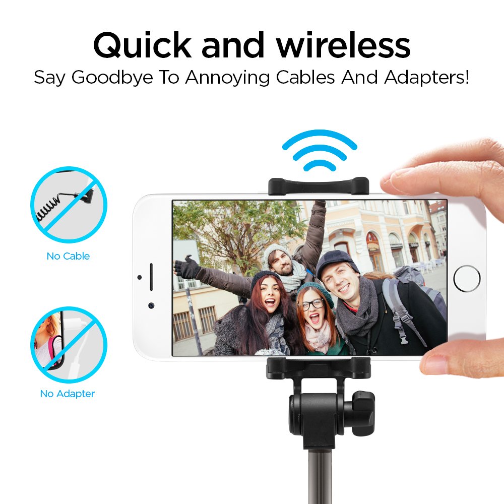 Image showing a smartphone connected wirelessly to the selfie stick, with 'No Cable' and 'No Adapter' icons.
