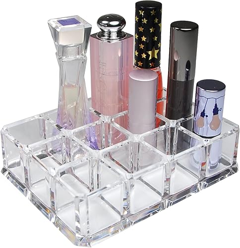 GQ QG - Organizador rectangular de acrílico transparente para maquillaje, lápiz labial y brillo de labios con 12 espacios de almacenamiento