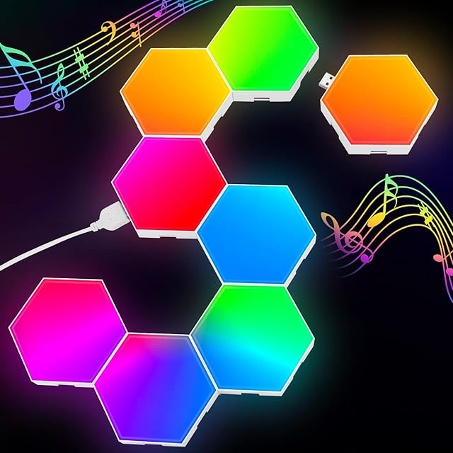 Kimimara Hexagon Lights Gaming - 8 Pack RGB Led Hex Light Panels Hexagon Smart Wall Lights Sync to Music for Room Bar Decor Gaming Setup