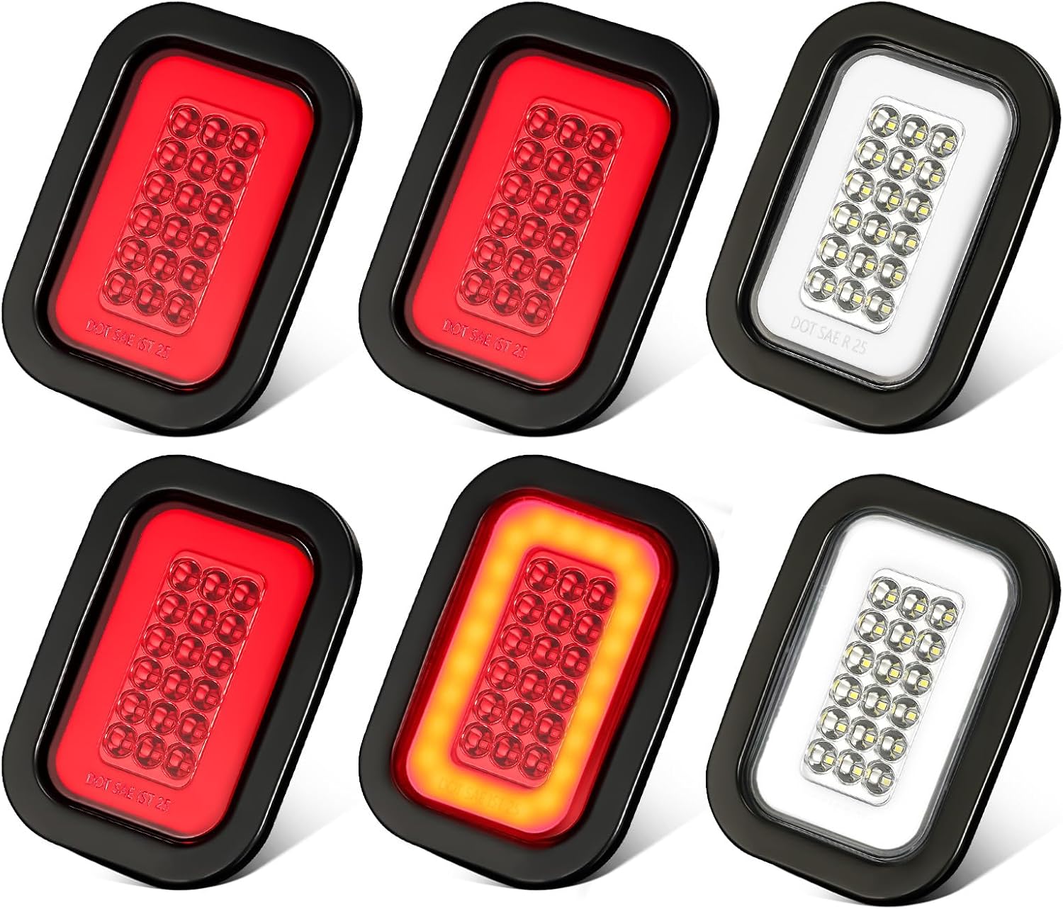 Partsam 6X 5x3 Inch Rectangle Halo Stop/Turn/Tail/Brake & Backup Reverse Flatbed Truck Trailer Tail Hitch Lights 42 LED w/Grommets & 3 Wire Pigtail Plug Kit Waterproof (4xRed+2xWhite)