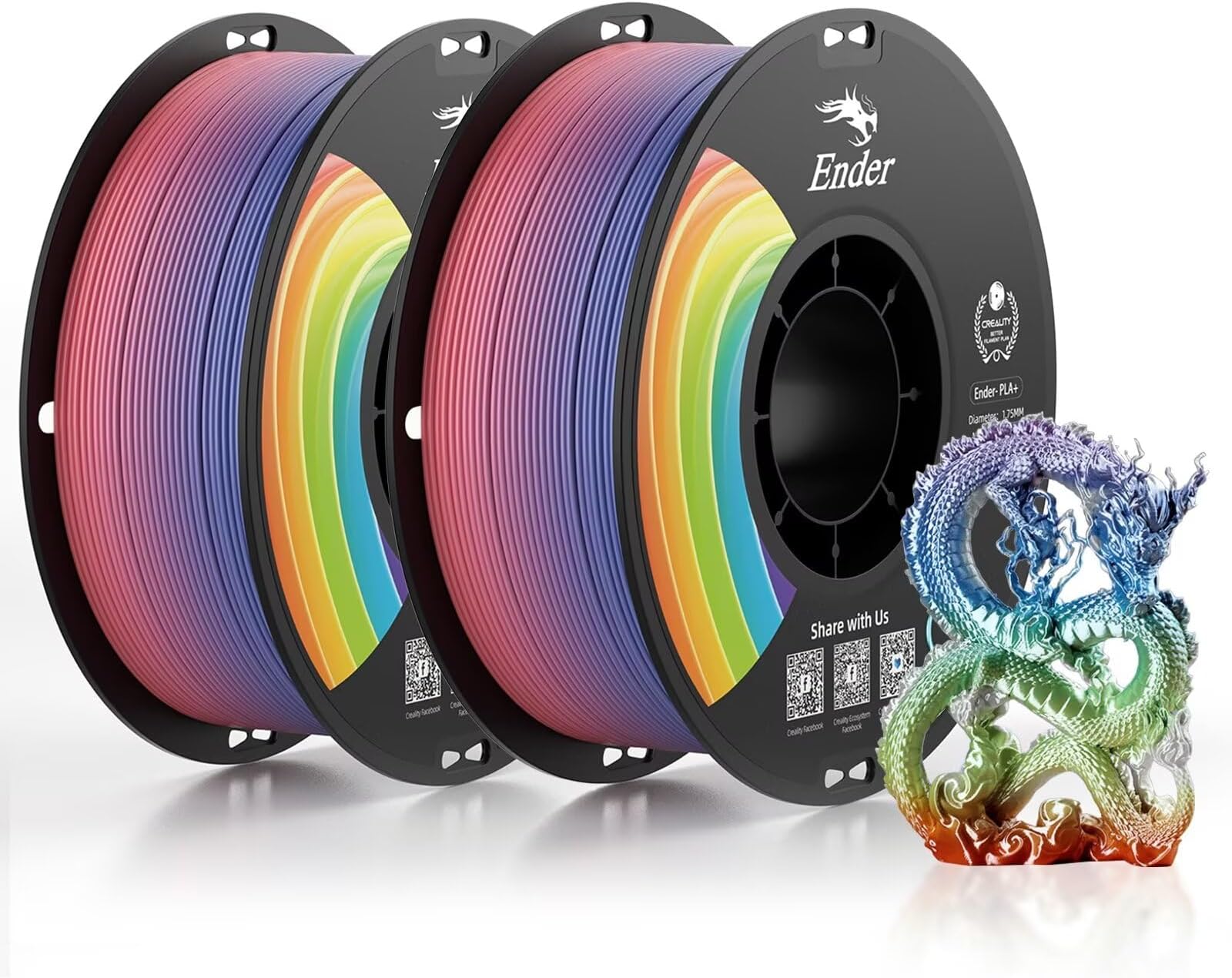 3D Printer Filament, PLA Plus Filament 1.75mm Rainbow, PLA Pro Toughness Upgraded Dimensional Accuracy +/- 0.03mm, 2 * 1KG Spool Ender PLA+ Filament for Most 3D Printer