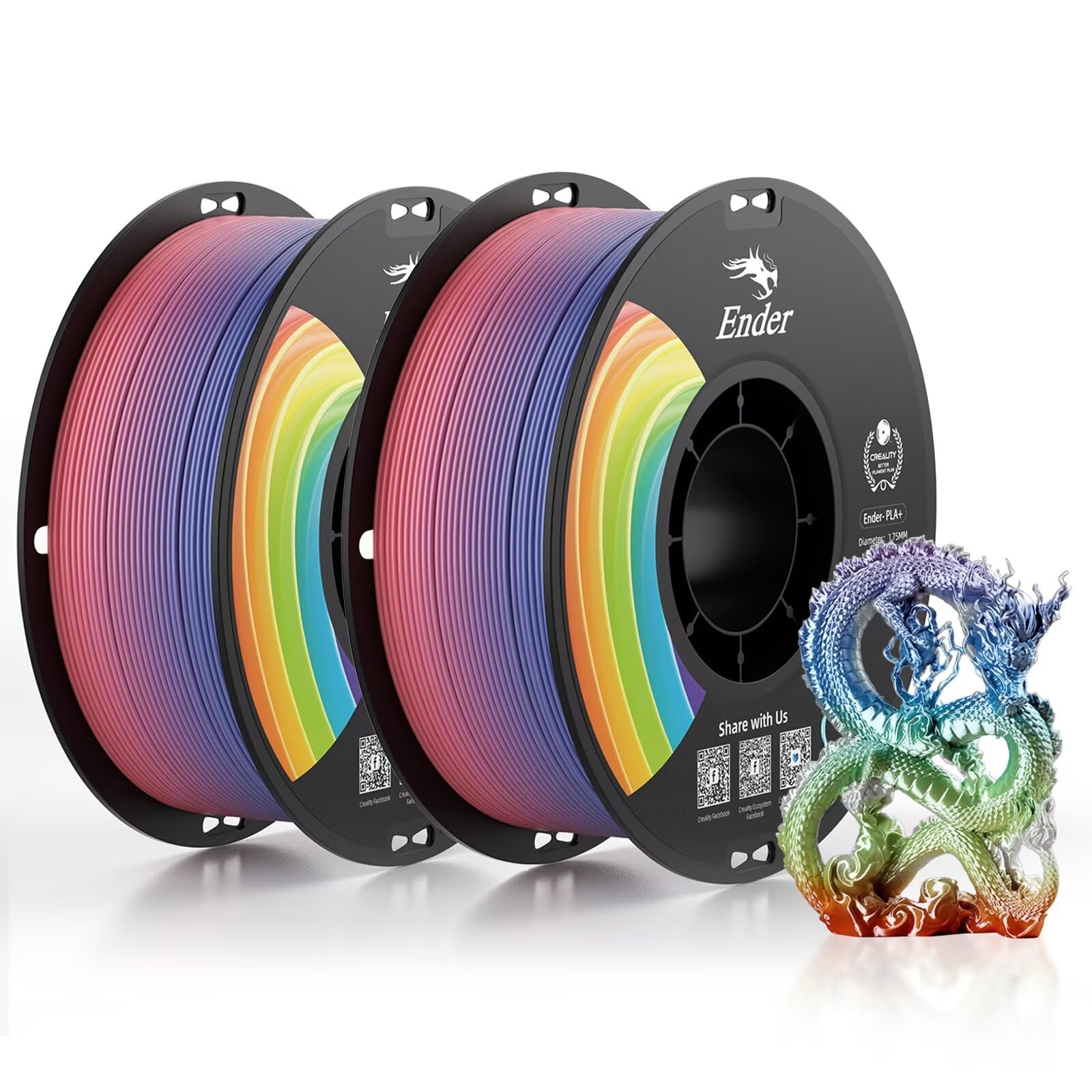 Creality 3D Printer Filament, PLA Plus Filament 1.75mm Rainbow, PLA Pro Toughness Upgraded Dimensional Accuracy +/- 0.03mm, 2 * 1KG Spool Ender PLA+ Filament for Most 3D Printer