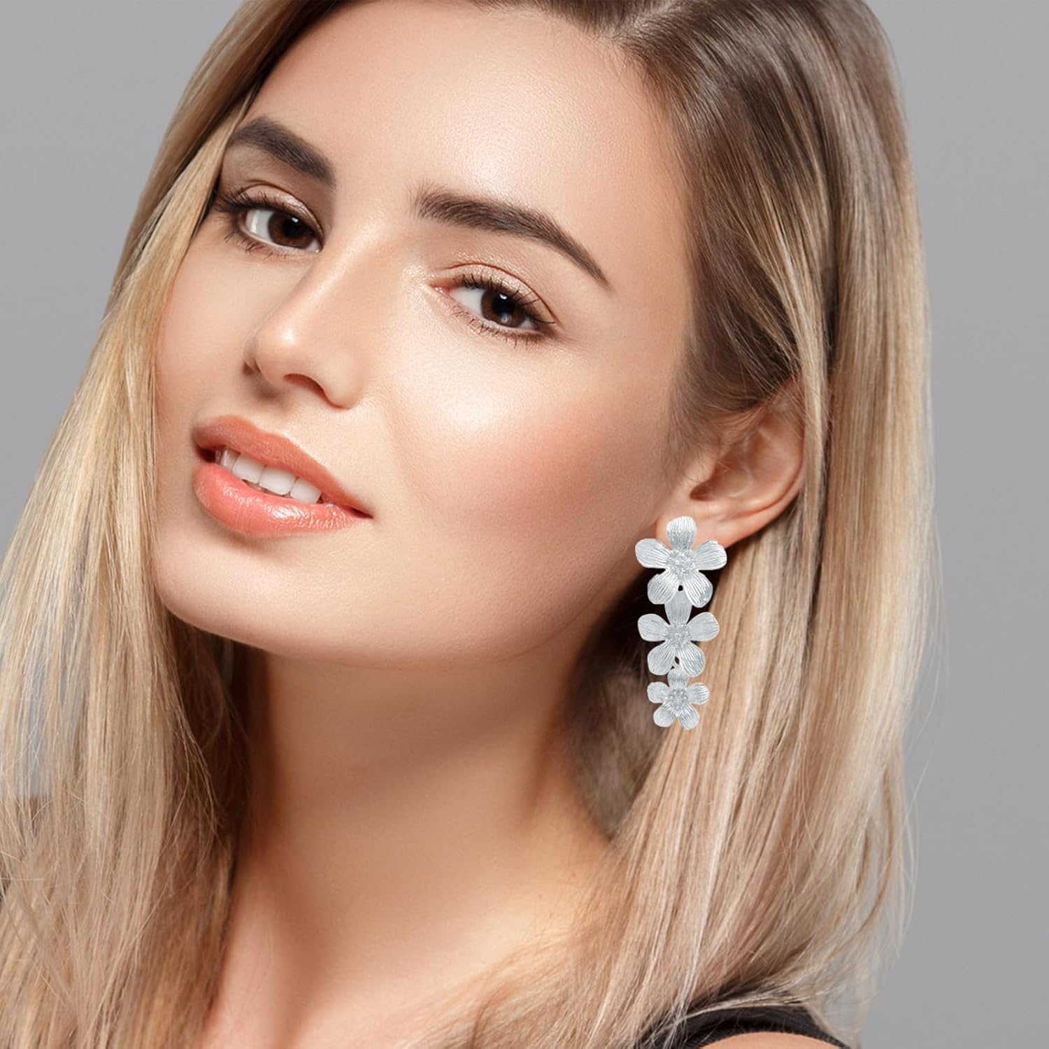 Flower Dangle Earring Chunky Statement Long Dangle Earrings Large Hibiscus Earrings 3 Layer Floral Earrings Metal Petal Earrings Trendy Flower Drop Earrings Spring Floral Earrings For Women - Image 4