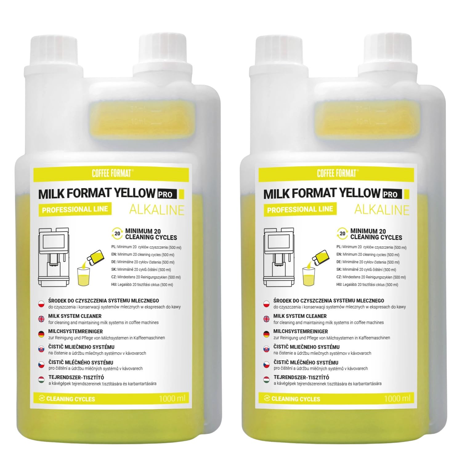 MILK FORMAT YELLOW PRO: Líquido Alcalino para la Limpieza del Sistema de Leche, 2 x 1 L de Concentrado para el Espumador de Leche, Botella con Medidor, Elimina los Residuos Proteicos