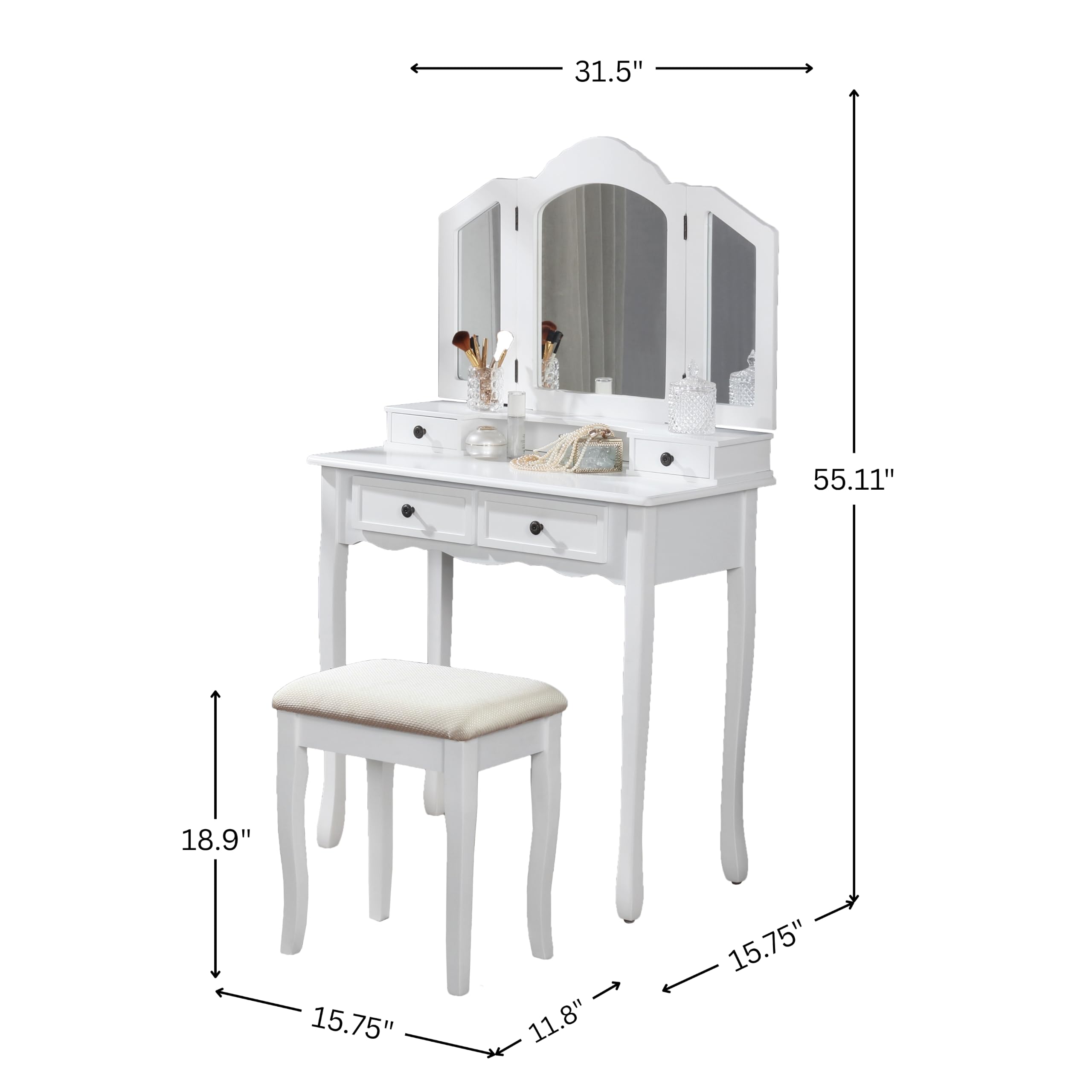 Sanlo - Juego de tocador y banco de madera, blanco 6