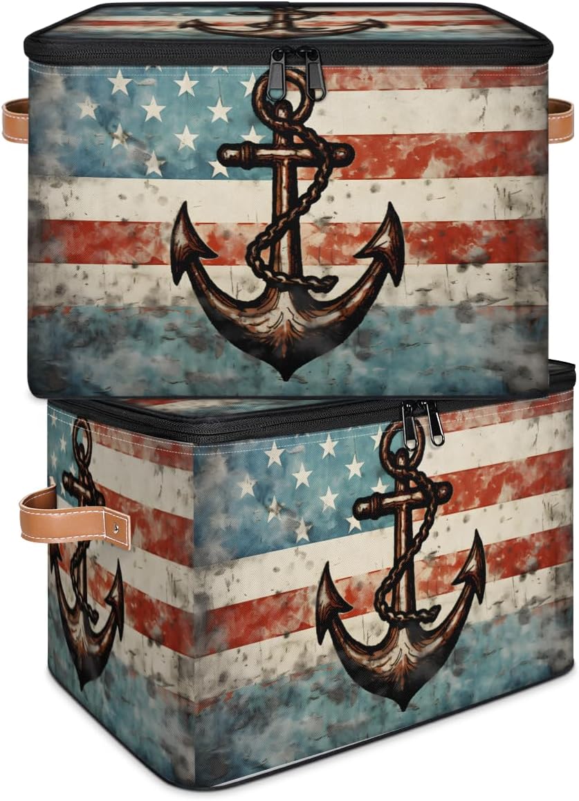 Storage Bin Set of 2 US Flag Anchor Storage Basket with Zipper Lid & Handle Foldable Closet Shelf 2 Pack Cloth Organizer Basket Cube Bins Clothes Organizer for Nursery, Bedroom