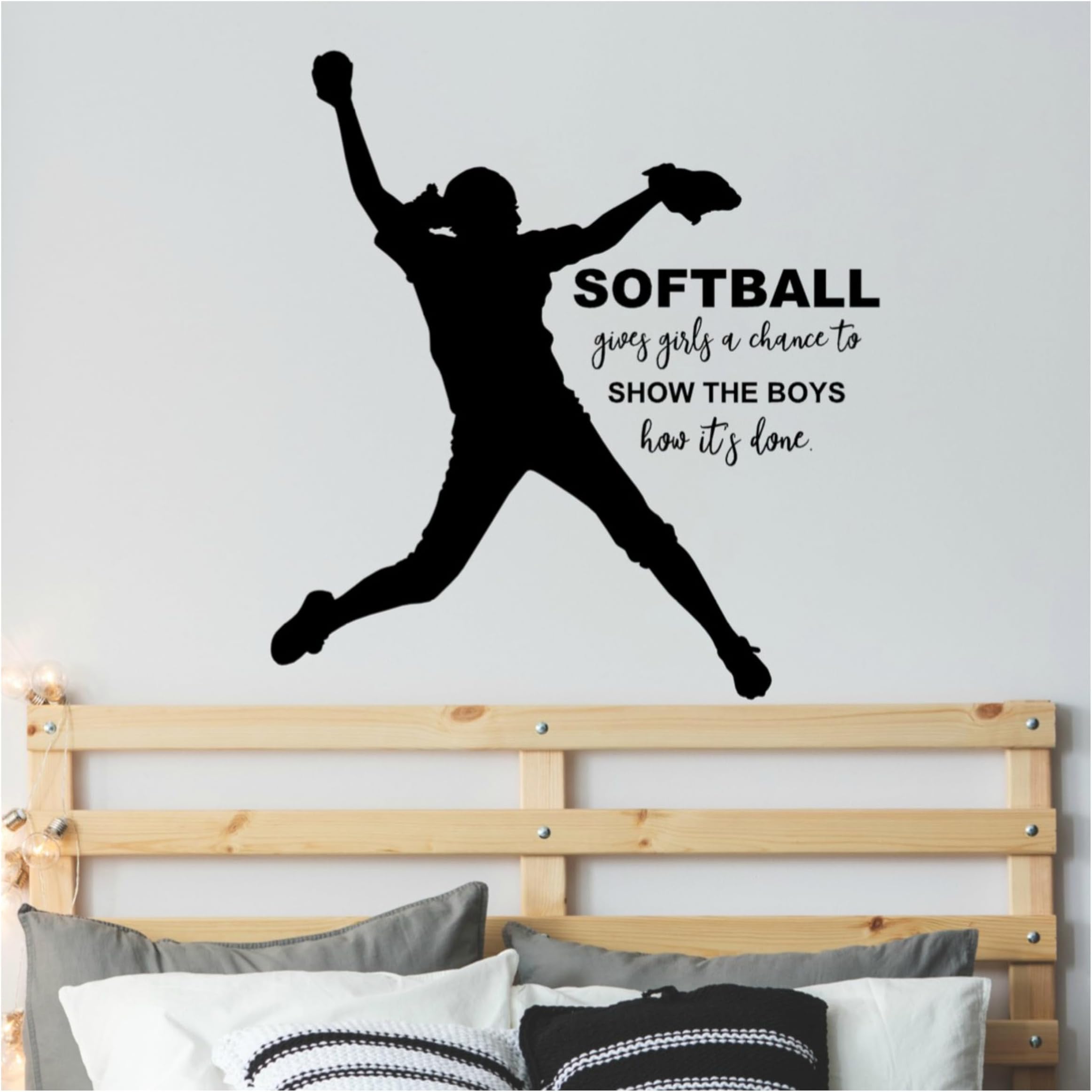 Girl Softball Pitcher with Quote Wall Decal, Softball Silhouette Vinyl Sticker with Saying, 34"X36" Black