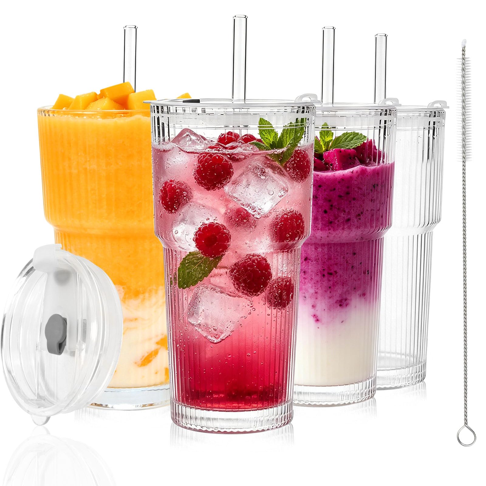 Juego de vasos de cristal de cocina verticales con tapa y pajita, diseño hermético e impermeable, vasos con tapa, ideales para café, batidos, cócteles (4 unidades)