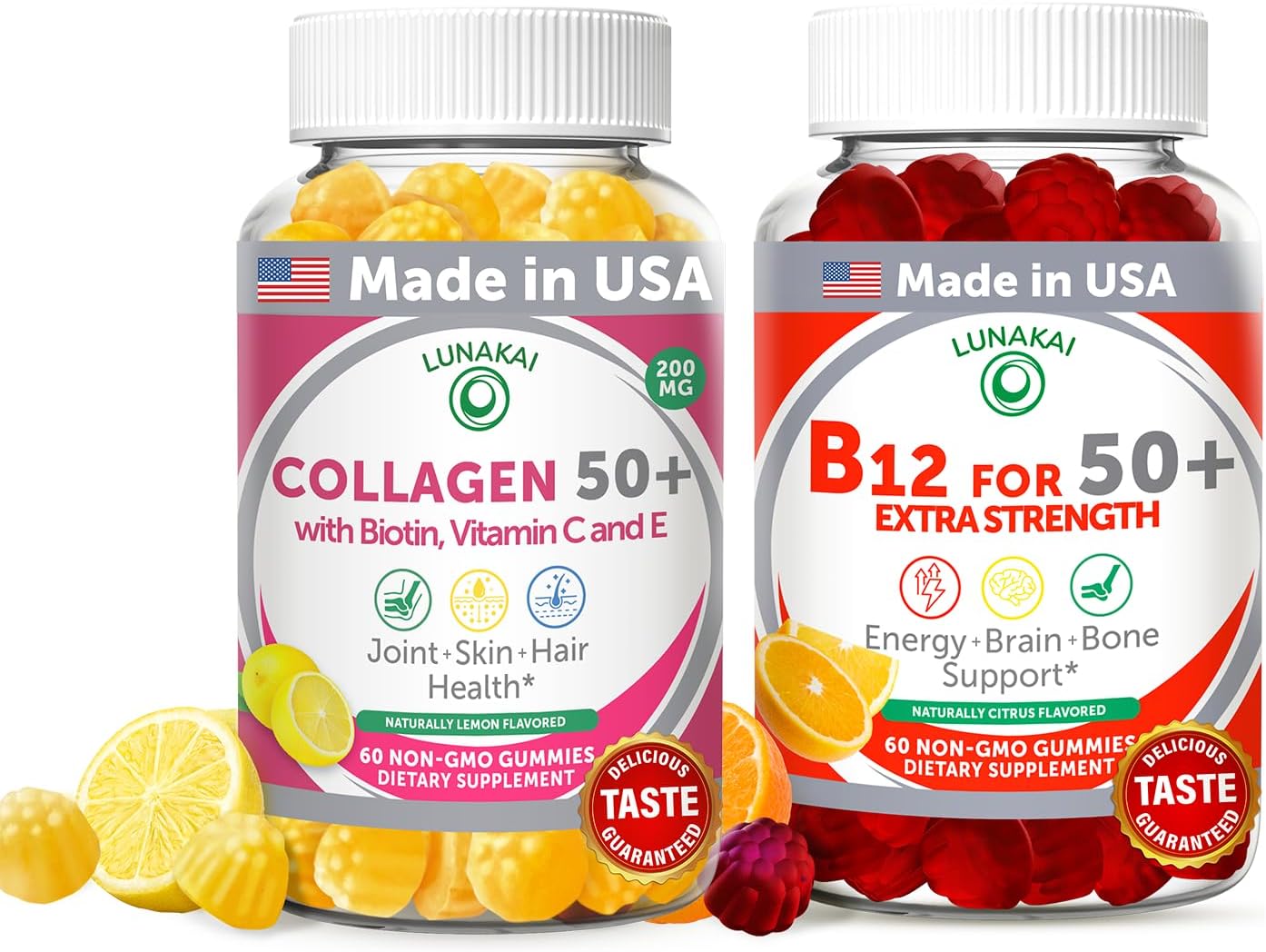 Lunakai USA Made Collagen & B12 Gummies Bundle for Adults 50+, Supports Skin, Hair, Joint Health & Energy, Non-GMO, Delicious Lemon & Orange Flavors, 60ct Each