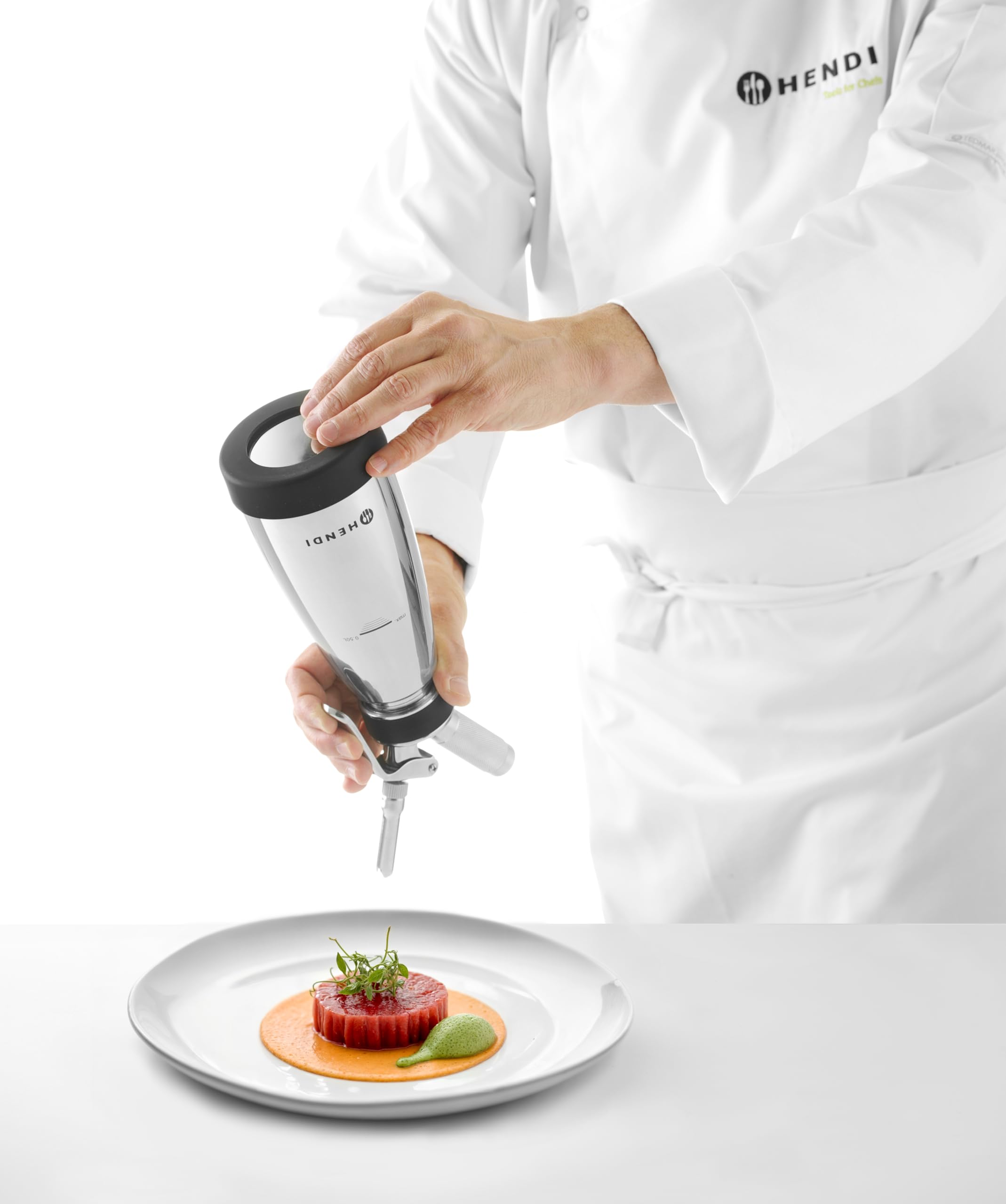 HENDI Sifone da cucina a doppia parete – 0,5L – Per panna montata, mousse, salse calde e fredde – 3 beccucci, spazzolino per la pulizia – ø95x(H)275mm – Acciaio inox