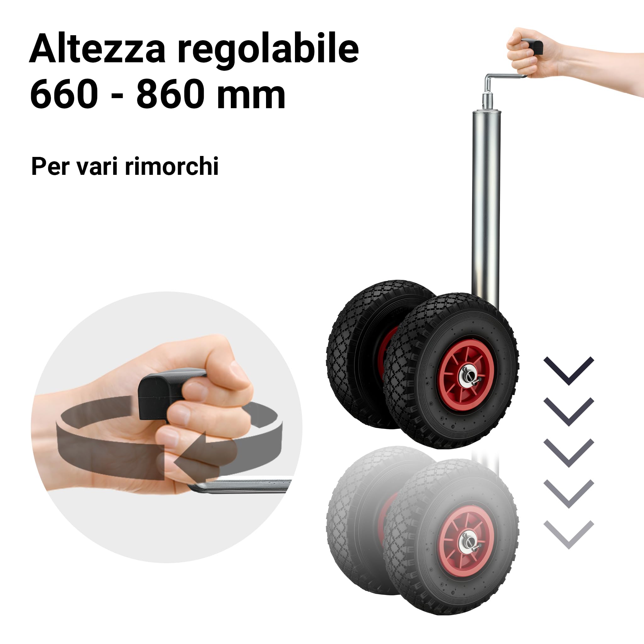 Wiltec Servotimone con ruota di appoggio doppia, portata 200 kg, supporto per rimorchio con pneumatici gonfiabili, ruotino di appoggio, altezza regolabile 66-86 cm, per rimorchi e caravan