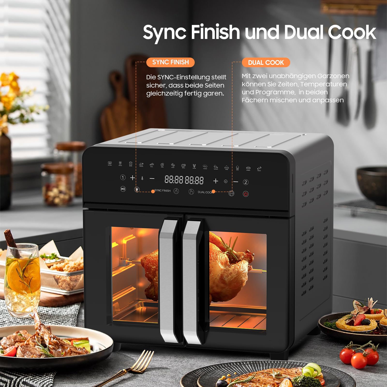 iceagle Friggitrice ad Aria 23L Doppia Zona – XXL Airfryer Forno con Porta Francese | Friggitrice Senza Olio, 15 Programmi, 2200 W, 12 Accessori, Separatore Rimovibile per Cotture Flessibili, 50-200℃