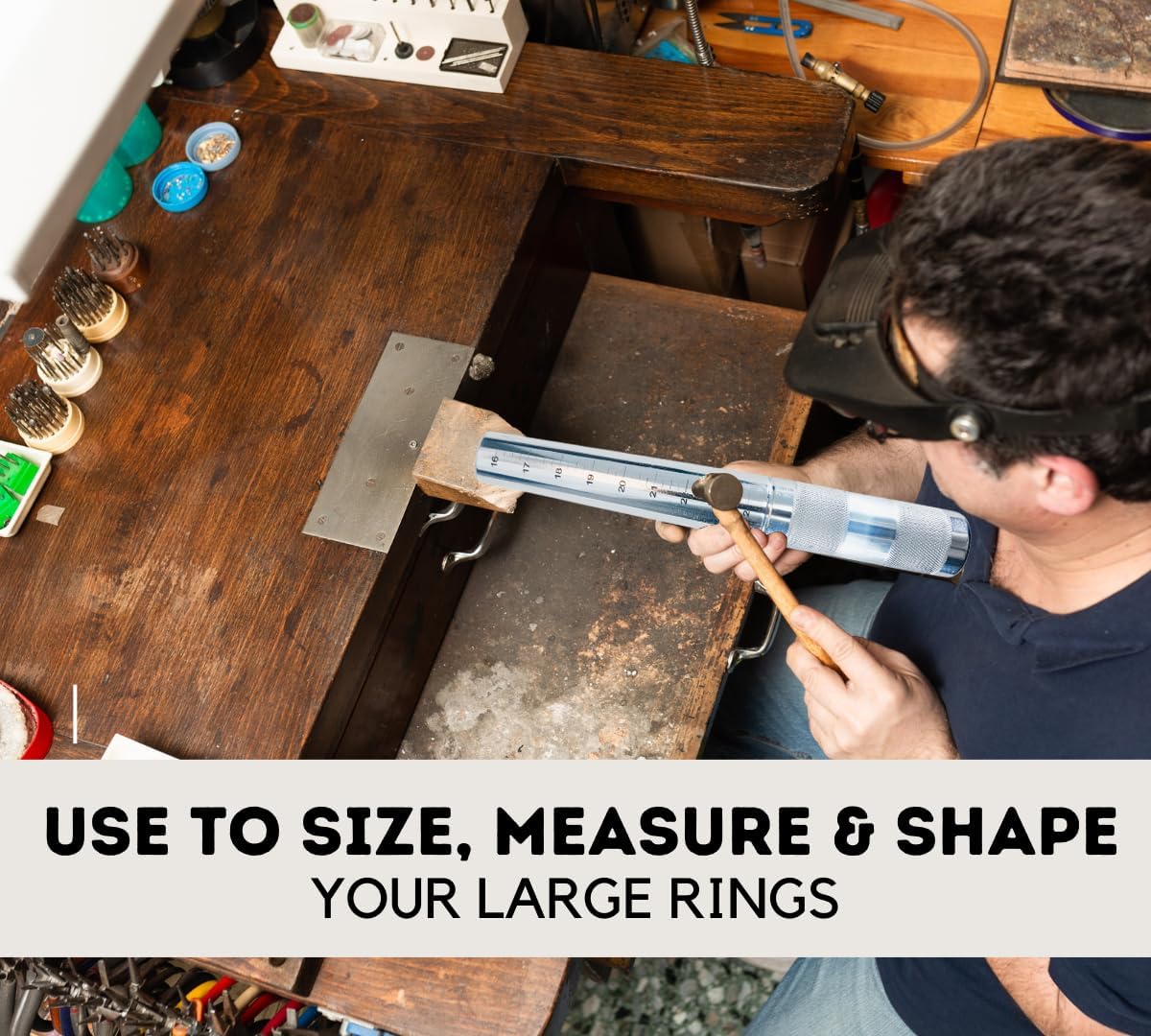 BENCH WIZARD 8.5" Large Ring Mandrel | Sizes 16-24 With Quarter Increments | Textured Grip Handles | Silver Metallic Steel Finish | Easy To Read Measurements | Ideal For Jewelers & Hobbyists