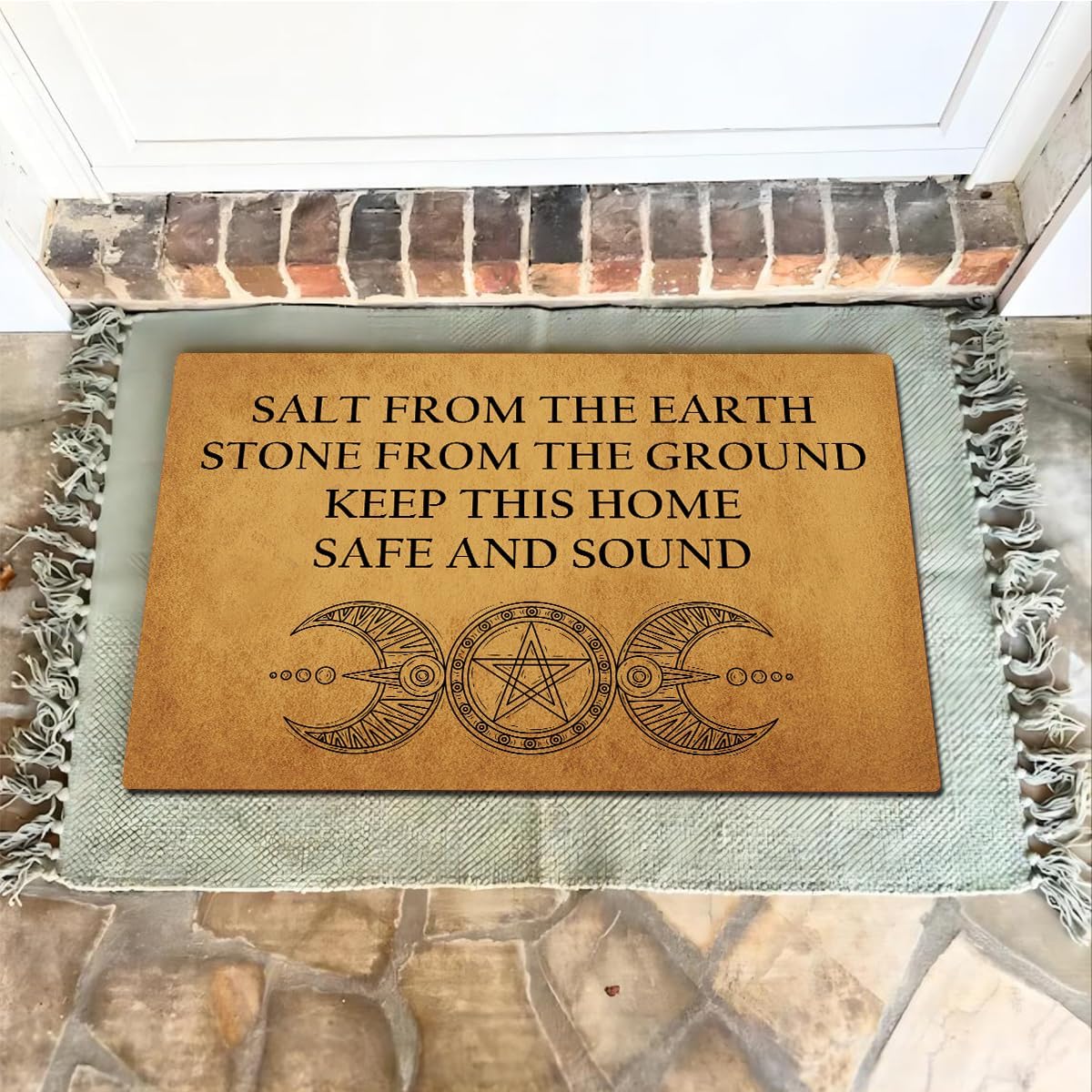 Funny Welcome Doormats for Entryway Front Porch Decor Witch Pagan Salt from the Earth Stone from the Ground Keep Home Safe and Sound Indoor Personalized Mats Rubber Back Novelty Gift (23.7 X 15.9 in)