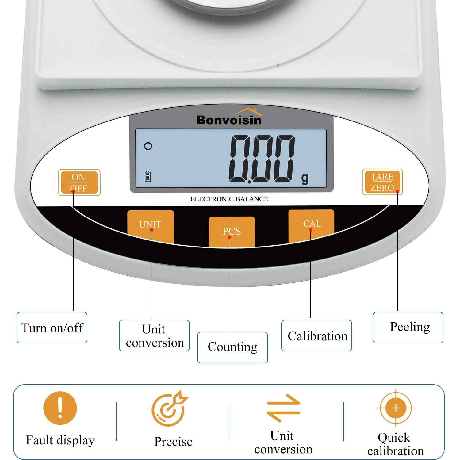 Bonvoisin Balanza de Precisión 0.01g Báscula Científica para Lab con Función de Conteo/Tara, para Uso de Lab Escuela Joyería Oro Cocina Certificado CE, con Parabrisas (3000g, 0.01g)